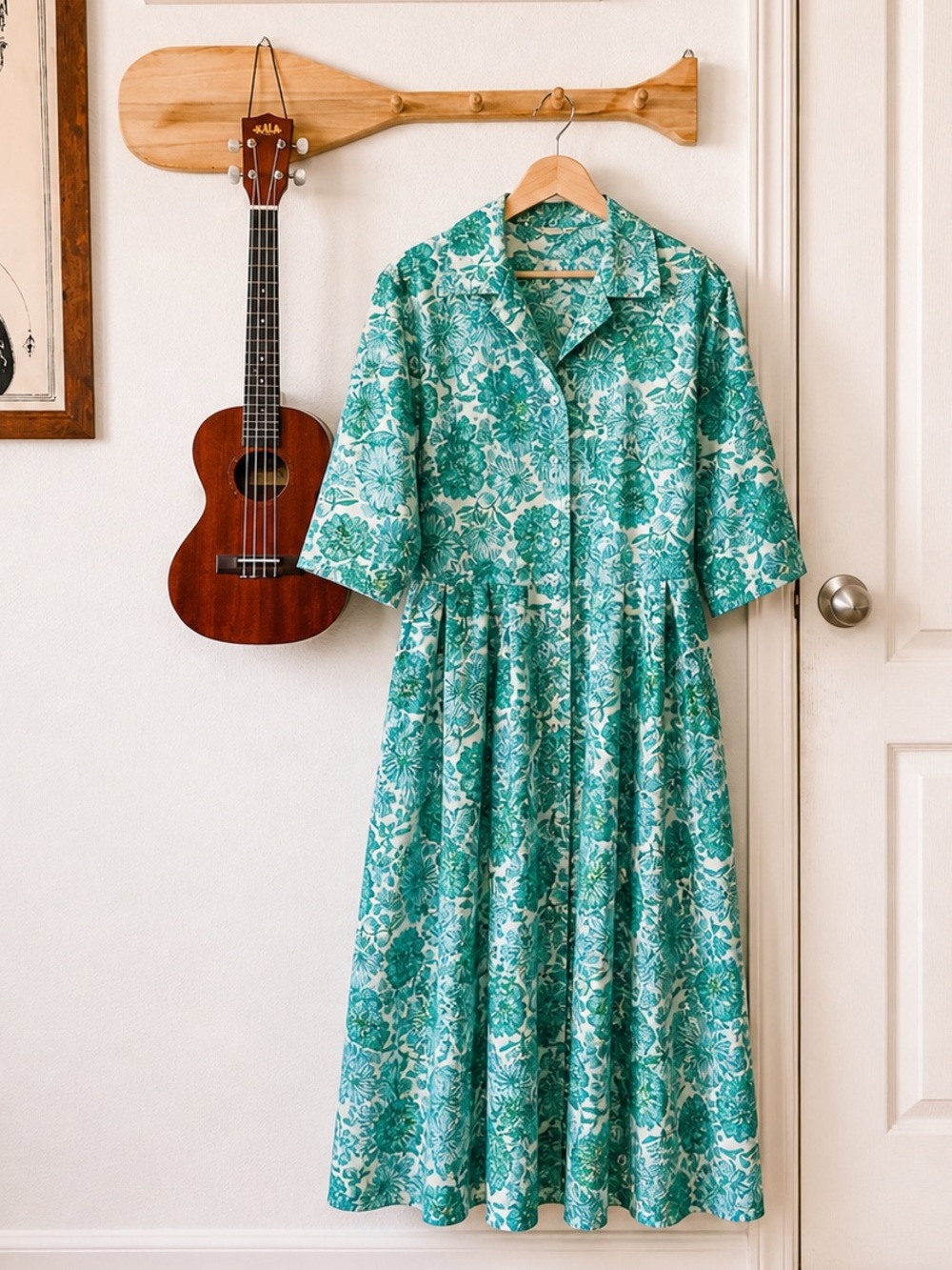 Vintage Silver Palm California Dress / Turquoise Hawaiian / Tiki / Modern L-XL
